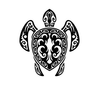Maori kabilesi kaplumbağa sürüngen hayvan dövmesi, vektör polinezya sanatı. Deniz kaplumbağası soyut geometrik siyah beyaz desenli izole edilmiş siluet. Maori, Hawaii ya da Samoa geleneksel kabile hayvan dövmesi.