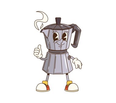 Çizgi film, moka, çömlek, neşeli karakter. Kahve içeceği ya da içki üreticisi izole edilmiş bir vektör maskotu. Moka pot kettle 'ın komik kişiliği mi yoksa gülümseyen karakterin parmağını kaldırması mı?