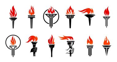 Meşale alev simgeleri. Zafer ve özgürlük, özgürlük ve vektör sembollerinde ateş şampiyonu. Siyah meşaleler ve yanan alevler, spor müsabakası ve zafer kavramı olan antik lambalar.