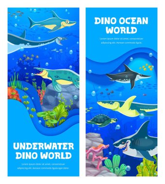 Kağıt, sualtı tarih öncesi dinozor karakterli pankartlar kesiyor. Okyanus soyu tükenmiş dinozorlar, optalmosaurus, elasmosaurus, tylosaurus ve ichthyosaur, kronosaurus, archelon içeren vektör posterleri.