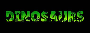 Prehistoric dinosaurs jungle sunset silhouettes. Paleontology and Jurassic era vector typography background, panoramic wallpaper with dinosaurs and prehistoric jungle forest plants sunset silhouettes clipart