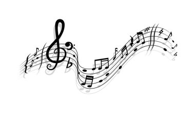 Şarkı ve müzik, notalar ve notalar eşliğinde. Orkestra melodisi dalga desenini notalar. Senfoni klasik izole edilmiş vektör arkaplanı veya klasik müzik konseri tek renkli ses arkaplanı