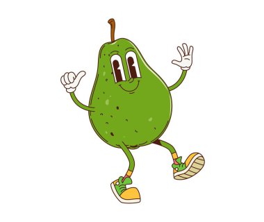 Çizgi film modası geçmiş armut meyvesi karakteri. Tatlı sulu meyve maskotu, yaz tatlısı ya da sağlıklı gıda ürünü neşeli kişiliği. Olgun yeşil armut harika izole edilmiş vektör çocuksu karakter