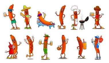 Eski hippi et yemeğinin çizgi filmlerdeki sosis karakterleri. Mangal partisinde sosisli sandviç, bira, kokteyl, güneş gözlüğü, sombrero ve şef şapkası olan eğlenceli sosis vektör kişilikleri.