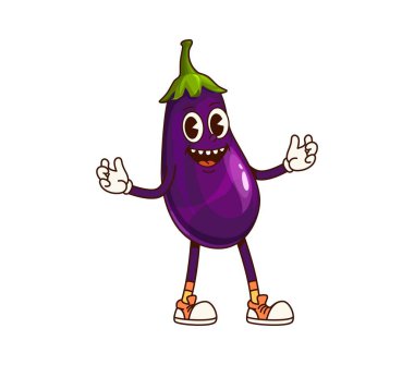 Neşeli bir poz veren, 70 'lerin neşeli ve hayat dolu havasını somutlaştıran nefis bir patlıcan karakteri. Çizgi film vektörü neşeli çiğ çiftlik sebzesi kişiliği gülen yüzlü, beyaz eldivenli ve spor ayakkabılı.