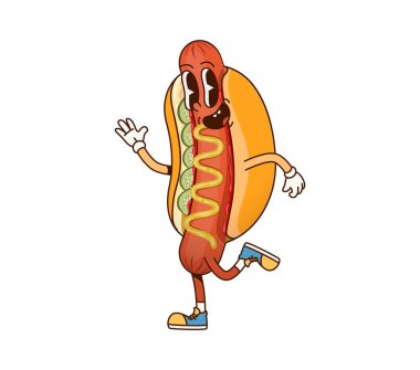 Harika bir fast food sosisli sandviç karakteri. İzole edilmiş karikatür vektörü lezzetli hot dog fast food kişiliği havalı, modaya uygun spor ayakkabılar giyiyor, rahat, titreşimli, büyüleyici bir gülümseme ve hardal yağmuru sunuyor.