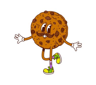 Komik çikolatalı kurabiye enfes hippi tatlısı, tatlı ya da şeker karakterli klasik bıyıklı, neşeli ifadeli ve eski spor ayakkabılı. Çikolata parçalı pasta etrafında çizgi film vektörü neşeyle dans ediyor.