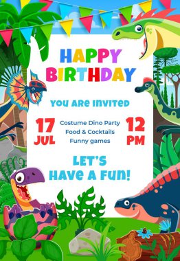 Mutlu yıllar, komik dinozor karakterleri ve orman ormanı vektör arka planında çelenk olan parti broşürleri. Çizgi film şirin tarih öncesi dinozorlar ve yumurta kabuklu bebek dinozorlar doğum günü partisi broşürleri.