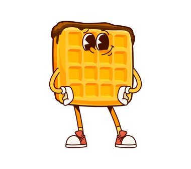 Fast food harikası Belçika waffle karakteri. Çikolata soslu tatlı waffle komik karakter, fast food cafe tatlı ya da tatlı yemek modası izole vektör kişiliği ya da şirin maskot çizgi film karakteri