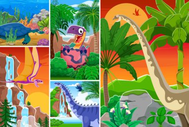 Tarih öncesi dinozorlar çizgi filmlerindeki karakterler orman ormanlarındaki ve antik denizlerdeki dinozor ve sürüngenlerin kolajı. Dimorfodon, henodus ve paralititan 'ın komik dinozorlar vektör kişilikleri