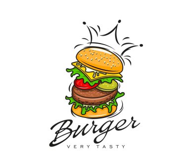 Hamburger ikonu, iştah açıcı hamburger içeren vektör fast food. Marul, domates, peynir, etli börek ve turşulu. Üstüne de susamlı çörek. Vektör trend restoran amblemi