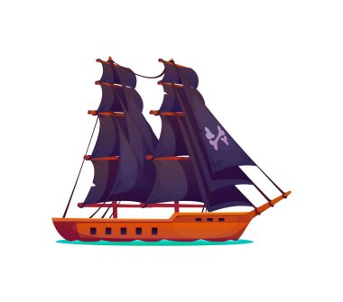 Corsair korsan tarihi karavan yelkenlisi. Korsan eski haydut gemisi. Corsair tarihi yelkenli teknesi izole vektör veya korsan antika savaş gemisi siyah yelkenli kemikli