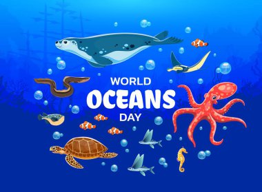 Dünya okyanusları deniz hayvanlarıyla dolu. Su altı yaşamı, deniz doğası posteri veya vektör geçmişi. Dünya Okyanus Günü arkaplanı ya da kürk foku, ahtapot, yılan balığı ve kaplumbağa, vatoz, deniz atı