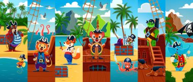 Çizgi film korsanı ya da korsan karakter kolajı. Maceralı deniz yolculuklarında sevimli gezginler, gemilerdeki parlamento engelleyiciler, tropikal bölgelerdeki gizli hazineleri haritalarla keşfetmek ve avlamak.