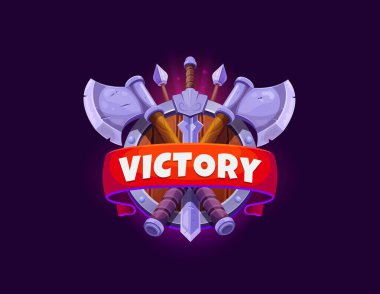 Oyun zafer simgesi ya da tam pankart ve varlık seviyesini yükseltmek için rozet, vektör GUI ögesi. Rozeti kalkan ve Ortaçağ kılıcı olan kırmızı kurdeleli baltalar ve oklar oyun seviyesi başarı rozeti için.