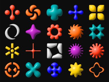 3D Y2K barbarlığı turuncu, sarı, mavi veya mor gibi kalın renklerde şekillenir, vektör figürleri neşeli geometrik tasarımlar ve simetri vahşi stil ve nostalji ile pürüzsüz, parlak dokulara sahiptir