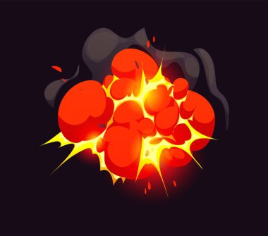 Bomba patlaması çizgi film efekti duman bulutu ve çizgi roman için ateş, vektör patlaması. Bomba patlaması ya da patlama ve VFX efekti için kırmızı ışık ve yıldırım enerjisi patlaması.