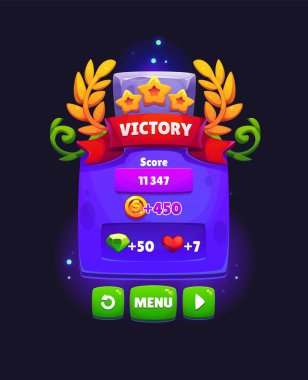 Zafer, ödül skorlu oyun çerçevesi ve tüm seviye için ödüller, vektör GUI elemanı. Oyun çerçevesi UI zafer afişi ve altın yıldızlarla, değerli taş kupası ve skor tablosu UI için kalp hayatıyla