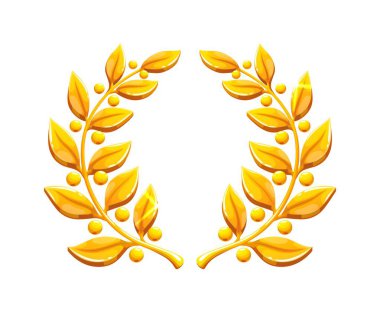 Yaprak ve böğürtlenlerle süslenmiş altın defne çelengi. İzole vektör rozeti, oyun varlığı veya ödül ikonu, zaferin, başarının, onurun ya da prestijin sembolü. Altın ödül, ödül ya da oyun uygulamasında ödül