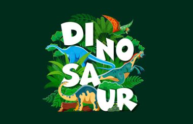 Tarih öncesi dinozor karakterleri karikatür dinazorları ve orman ağaçları ile afiş. Komik sürüngen ve kuş vektör kişilikleri, oviraptor, melanorosaurus, quetzalcoatlus ve haplocanthosaurus dinozorları.