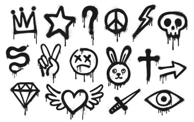 Graffiti grunge sprey boya, sokak mürekkebi sanatı. Vektör kafatası, taç, ölü gülümseme emojisi ve barış sembolü sprey boya ve mürekkep grafitisi. El yapımı ok, kanatlı kalp, göz ve ok grunge sokak sanatı