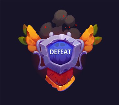 Oyun ikonu ya da rozeti yok et, Gui fantezi atari salonu final afişi. Vektör düzeyi etiketi, ortaçağ video oyunu ekranı. Kanatlı taş bir kalkan, siyah duman ve kurumuş yapraklarla savaş işaretini kaybetmek.