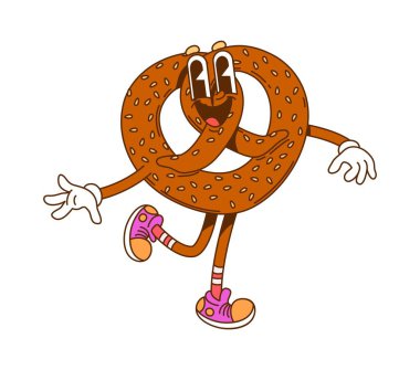 Manyak kraker, eski moda hippi fast food karakteri, vektör komik hamur işi. Neşeli gülüşü ve komik yüzü olan harika simit, psikedelik hippi, Oktoberfest simidi ya da hipster fast food karakteri