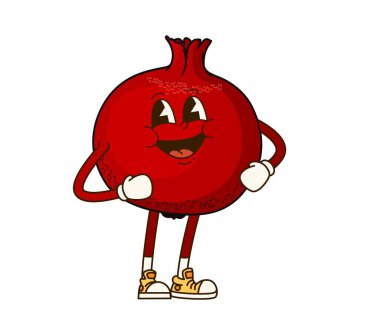 Retro karikatür sanatında nefis nar ve meyve karakteri, vektör mutlu komedi emojisi. Neşeli gülümseyen, neşeli yüzlü, nefis bir nar, tatlı bir meyve yemeği karakteri ve eski çizgi film simgesi.