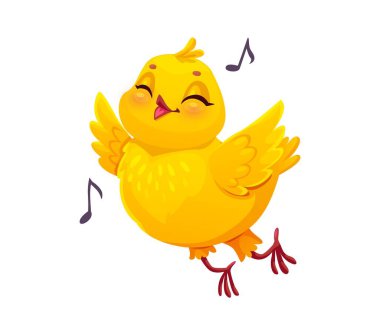 Çizgi film pilici mutlu karakter uçuyor ve imzalıyor. Paskalya bayramı küçük kuş neşeli piliç, çiftlik yavrusu hayvan ya da bahar doğumlu küçük kuş komik komik izole vektör karakteri