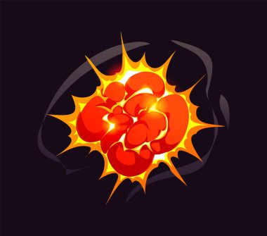 Bomba patlaması bulutu, çizgi roman ateşi ve duman, çizgi film patlama etkisi. Heyecan verici, yoğun, tehlikeli ve çarpıcı bir etki. Parlak patlayıcı alevler, dalgalanan karanlık duman ve kıvılcımlar