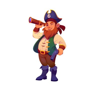 Çizgi film korsanı denizci ve korsan kaptan karakterler dürbünden dikkatle bakar. Tabancası, üç mısırlı şapkası ve gür sakallı yaramaz sırıtışı olan izole bir denizci gezgini.