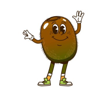 Eski moda kivi meyveli komik karakterli, neşeli yüzlü, vektör komedyen emojisi. Şirin gülüşlü nefis kivi, komik tropikal meyve yemekleri karakteri ve duygu simgeleri için retro çizgi film karakteri.