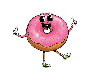 Harika bir fast food çörek karakteri. Çizgi film komik vektör tatlıları, fırın retro kişiliği pembe jöleli, şekerli ve gülümseyen yüzlü, başparmaklarını kaldıran. Donut fırını üretimi, tatlı şekerleme