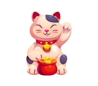 Şanslı Japon Maneki Neko kedisi çizgi filmi altın sikkelerle dolu kırmızı bir tencereyle refahı simgeliyor. İzole edilmiş vektör kedi yavrusu hatırası, Asya kültürünün, zenginliğin ve iyi talihin sembolü.