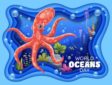 Dünya okyanuslarının günlük kağıtları ahtapot hayvanlarıyla pankart kesiyor. Okyanus yaban hayatı geçmişi, deniz doğası kağıtları, duvar kağıtları. Okyanus günü afişi ya da posterinde ahtapot çizgi film karakteri, altta yosunlar
