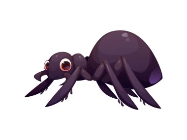 Çizgi film komik örümcek böcek karakteri, büyük, anlamlı gözleri var. Ayrı bir vektör. Şirin ve şakacı eklembacaklı böcek şahsiyeti. Siyah vücutlu, yuvarlak şekilli, tapılası ama korkunç örümcek avcısı.