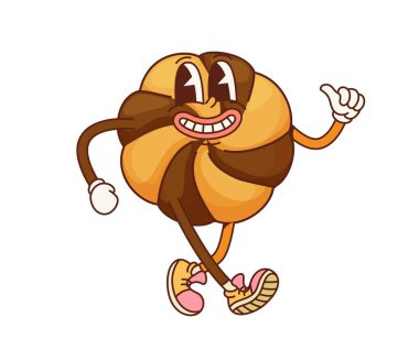 Çizgi film karakteri, komik ve havalı kişilik. İzole edilmiş vektör zevkli, kaprisli komik pastane neşeli ve eğlenceli titreşimler sergiliyor, mutluluğu ve geçmişe dönük eğlenceyi mutlu bir şekilde yürürken aktarıyor.