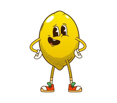 Çizgi film modası geçmiş limon meyvesi komik suratlı komik karakter, vektör emojisi. Lezzetli limon, güler yüzlü, güler yüzlü, meyve yemeği simgesi karakteri ve eski çizgi film karakteri.