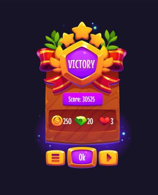 Zafer oyun çerçevesi, afiş veya açılır menü penceresi. Altın yıldızlarla, varlıklarla, kurdelelerle vektör ödülü arayüzü. Kazanan kutlama başarı ödülü ikramiyesi. Takdir amblemi, başarı kutlama etiketi