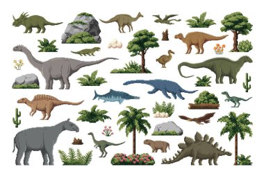 Oyun varlıkları ve GUI elemanları, vektör simgeleri için tarih öncesi 8 bit pikselli sanat dinozorları. Jurasik kertenkeleler, dinozor dünyası hayvanları, sürüngenler ve kuşlar 8bit piksel sanat veya tarih öncesi video oyunu varlığı için