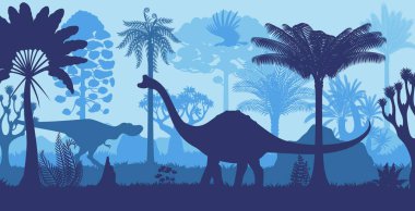 Tarih öncesi dinozorların siluetleri tropikal orman ormanlarında bitkilerle doludur. Sauropod ve yırtıcı dino türlerinin yanı sıra yemyeşil palmiye ağaçları arasında uçan Pterosaur gölgeleriyle birlikte vektör mavisi arka plan
