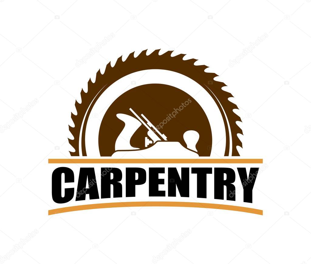 Carpentry icon for woodwork service of saw blade and plane, vector emblem. Carpenter workshop and woodcraft handyman or woodwork DIY construction and repair service symbol of saw and jointer plane