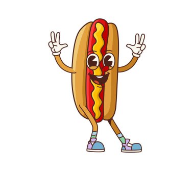 Neşeli gülüşü ve vektör emojisi olan harika bir fast-food sosisli çizgi film karakteri. Sosisli sandviç, komik surat, ketçap ve hardal sosu. Fast food çizgi film karakteri için.