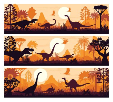 Dinozor siluetlerine sahip tarih öncesi döneme ait sancaklar Jurassic ormanlarında, vektör geçmişlerinde. Tarih öncesi dinozor parkı veya paleontoloji müzesi pankartları dev kertenkeleler, sürüngenler ve T-Rex dinozorları