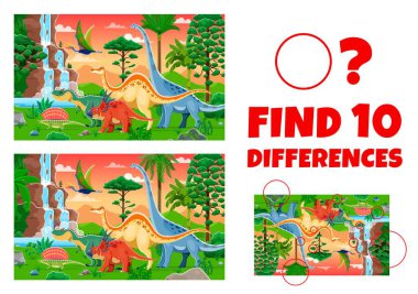 Find ten differences between prehistoric dinosaurs, kids game worksheet. Vector puzzle quiz of children education with cartoon cute dino animals characters. Funny jurassic dinosaurs matching game clipart