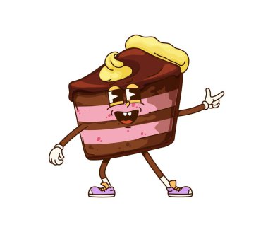 Parmak tabancalı komik çikolatalı pasta karakteri. İzole edilmiş çizgi film vektörü retro pasta dilimi kişiliği, spor ayakkabıları, katmanlı vücudu, krem şanti ve büyük bir gülümsemeyle kaplı.