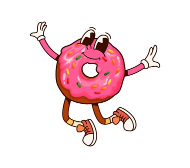 Nefis kahvaltı çörekleri, komik karakterler. Tatlı servis edilen komik karakter, sokak kahvesi tatlı yemeği izole edilmiş harika vektör maskotu. Lezzetli fast food donut atlayışı ve mutlu gülümseme kişiliği.