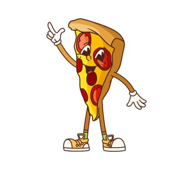 Harika bir fast food pizza dilimi komik suratlı, vektör komik emojili retro çizgi film karakteri. Fast food çizgi filmi emojisi ya da pizza menüsü karakteri için salamlı, peynirli ve mutlu gülüşlü harika bir pizza.