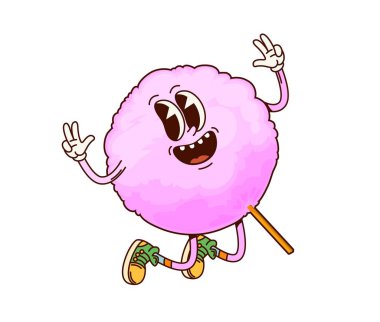 Fast food harikası pamuk helva karakteri. Eğlence parkı ya da tatlı peri masalı sevimli çizgi film karakteri, komik 60 'ların modası geçmiş, izole vektör kişiliği. Sokak kafesi yemeği ya da pamuk şeker neşeli maskot