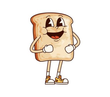 Harika bir kahvaltı ekmeği karakteri. İzole edilmiş karikatür vektörü tuhaf bir dilim kızarmış ekmek ışıl ışıl bir gülümsemeyle duruyor. Güzel ayakkabılar giymiş, hippi havası yayıyor.